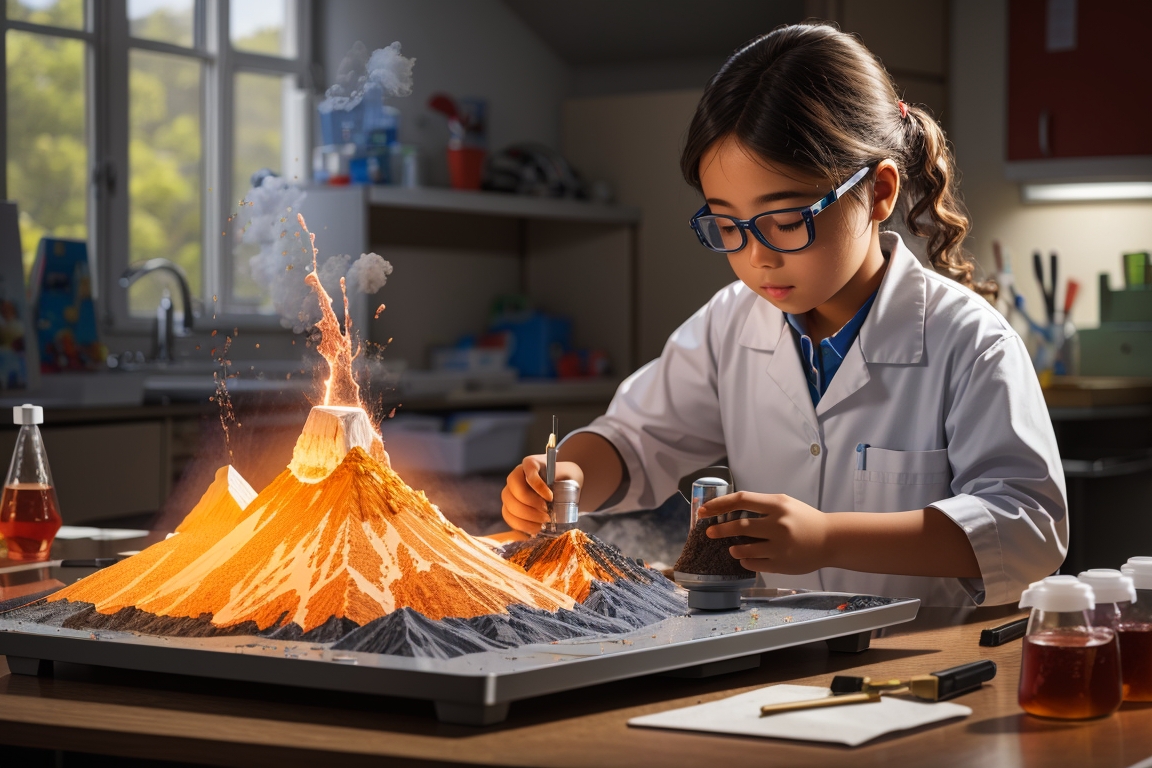 A young scientist creating a volcano